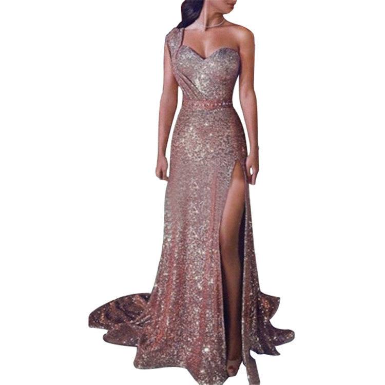 Women’s One-Shoulder Sleeveless Bronzing Split A-Line Long Dress – Urban Chic Temperament Style