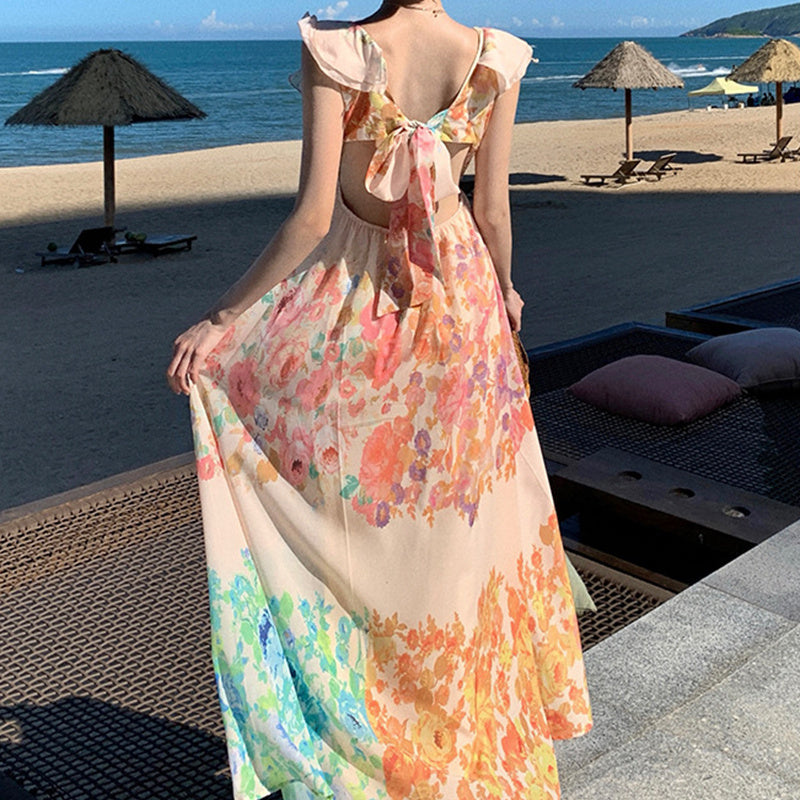 Floral V-Neck Backless Maxi Dress – Romantic Summer Beach Holiday Dress