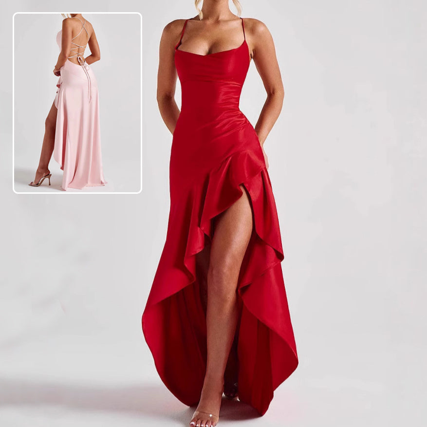Women's Backless Ruffles Irregular Split Suspender Maxi Dress