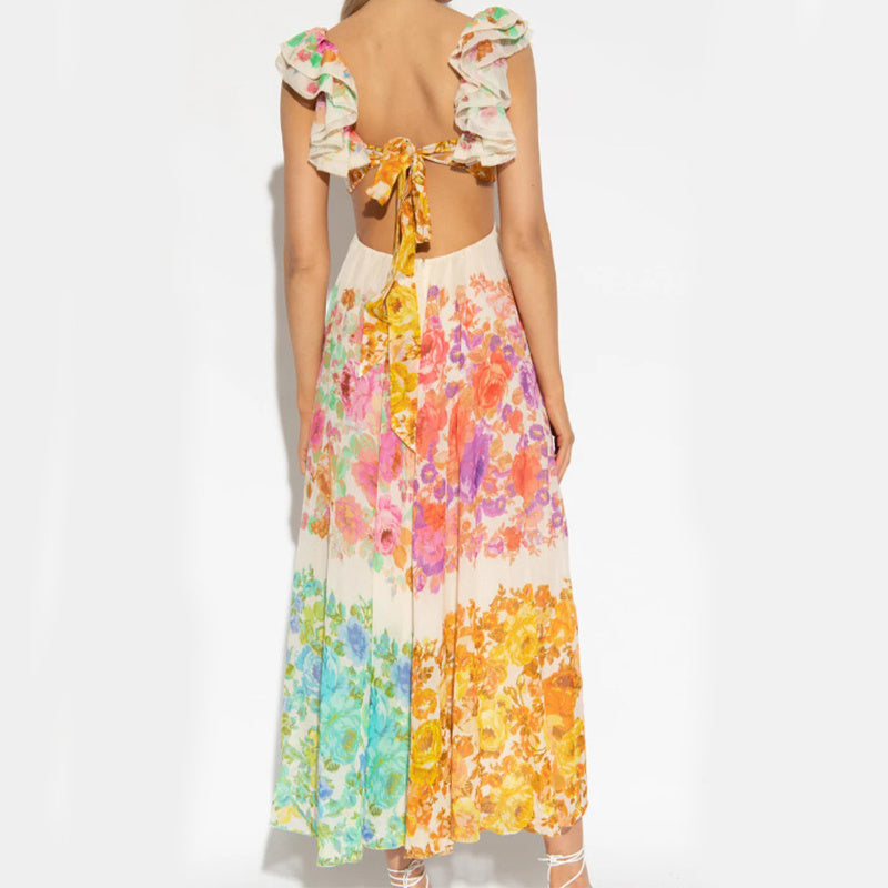 Floral V-Neck Backless Maxi Dress – Romantic Summer Beach Holiday Dress