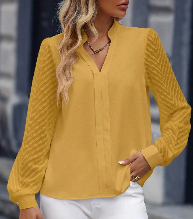 Elegant Lace V-Neck Chiffon Blouse – Long-Sleeved Temperament Top for Women