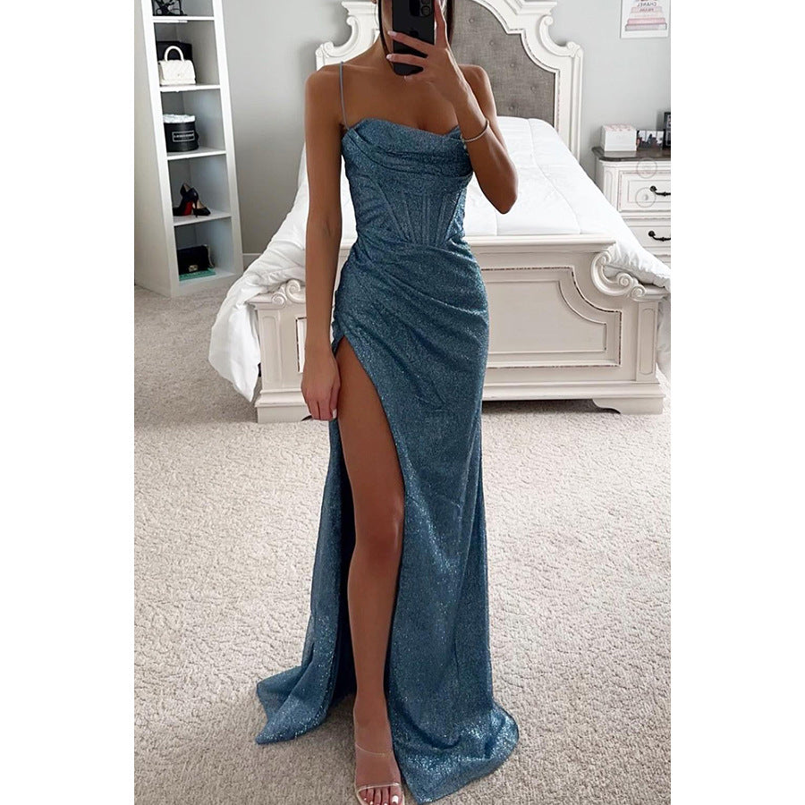 Sexy Split Suspender Dress – V-Neck Slim Long Party Dress for Women