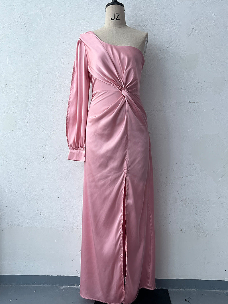 Women's One-Shoulder Long Sleeve Split Dress – Elegant Slim Fit Evening Gown