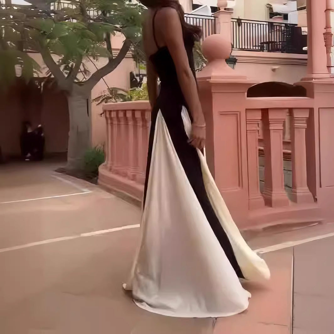 Colour Contrast Slim-Fit Sling Dress – Summer A-Line Long Dress for Women