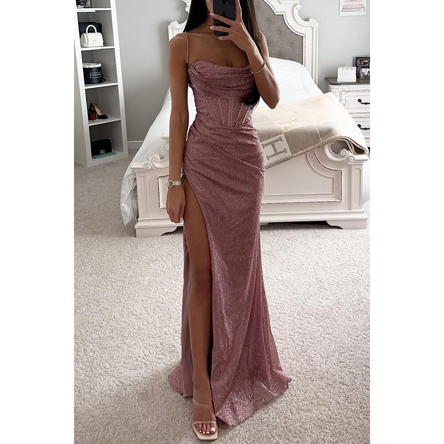 Sexy Split Suspender Dress – V-Neck Slim Long Party Dress for Women