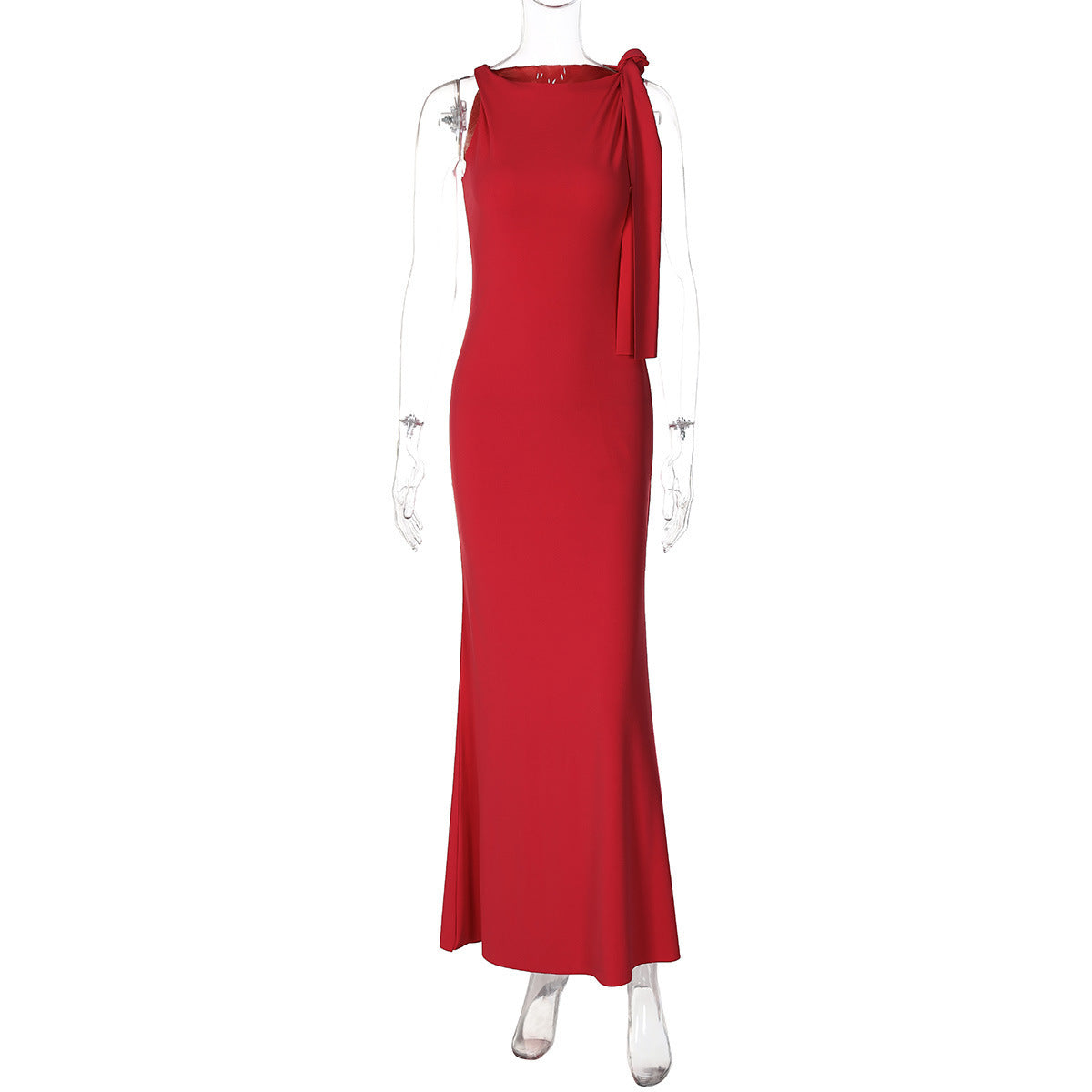 Women's One-Shoulder Ribbon Long Dress – Slim Fit Sleeveless Evening Gown