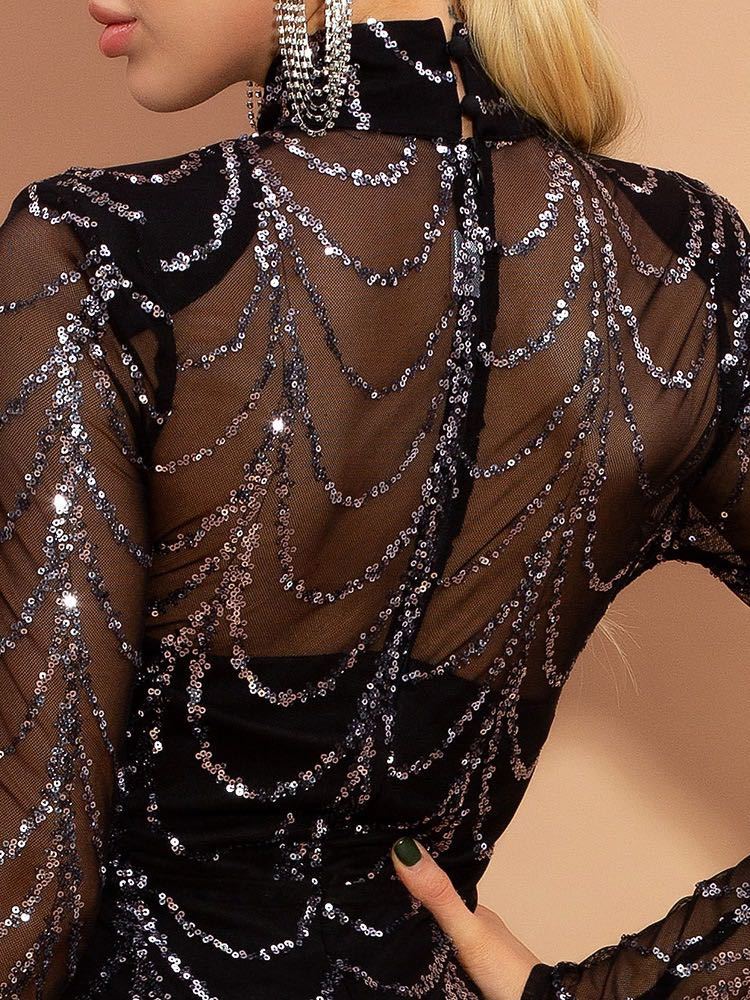 Elegant Sequin Maxi Dress – Long Sleeve Sheer Evening Gown for Women