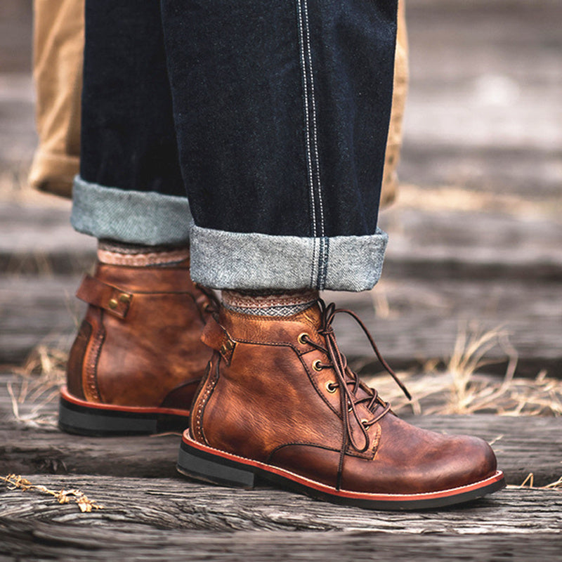 Men’s Retro Lace-Up PU Leather Ankle Boots – Low Heel Motorcycle Style