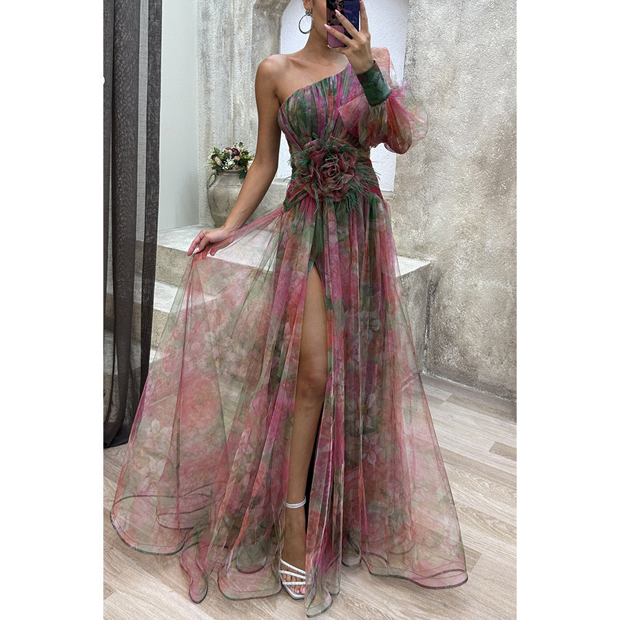 Mesh Tie-Dye Off-Shoulder Slit Dress – Long Sleeve Summer Party Dress for Women