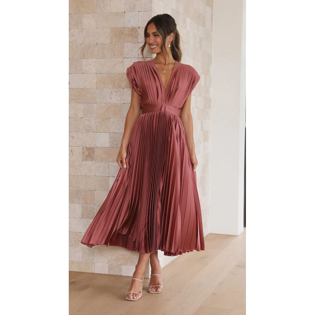 Summer V-Neck Pleated Dress – Casual Loose Fit with Zipper & Lace-Up Detail