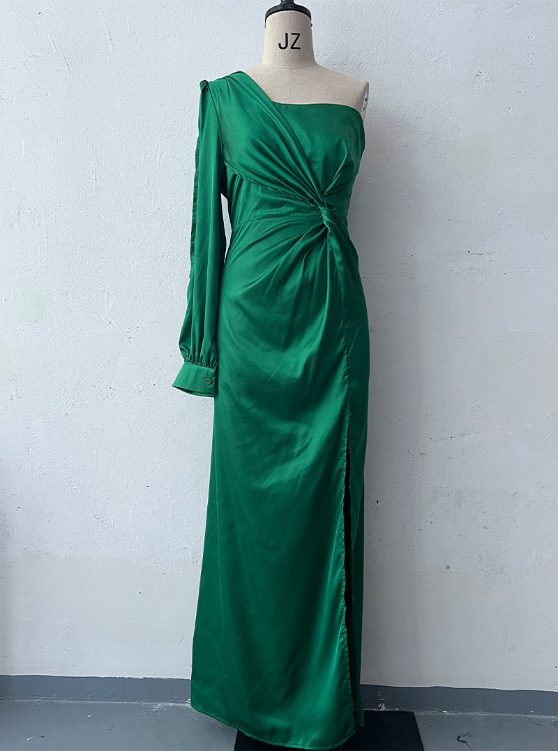 Women's One-Shoulder Long Sleeve Split Dress – Elegant Slim Fit Evening Gown