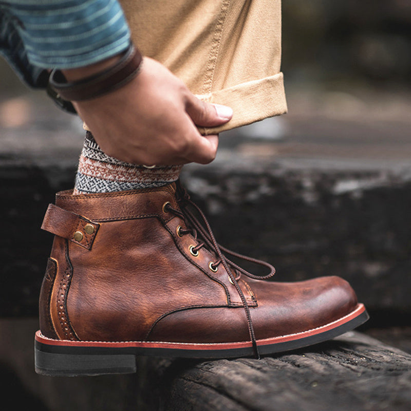 Men’s Retro Lace-Up PU Leather Ankle Boots – Low Heel Motorcycle Style