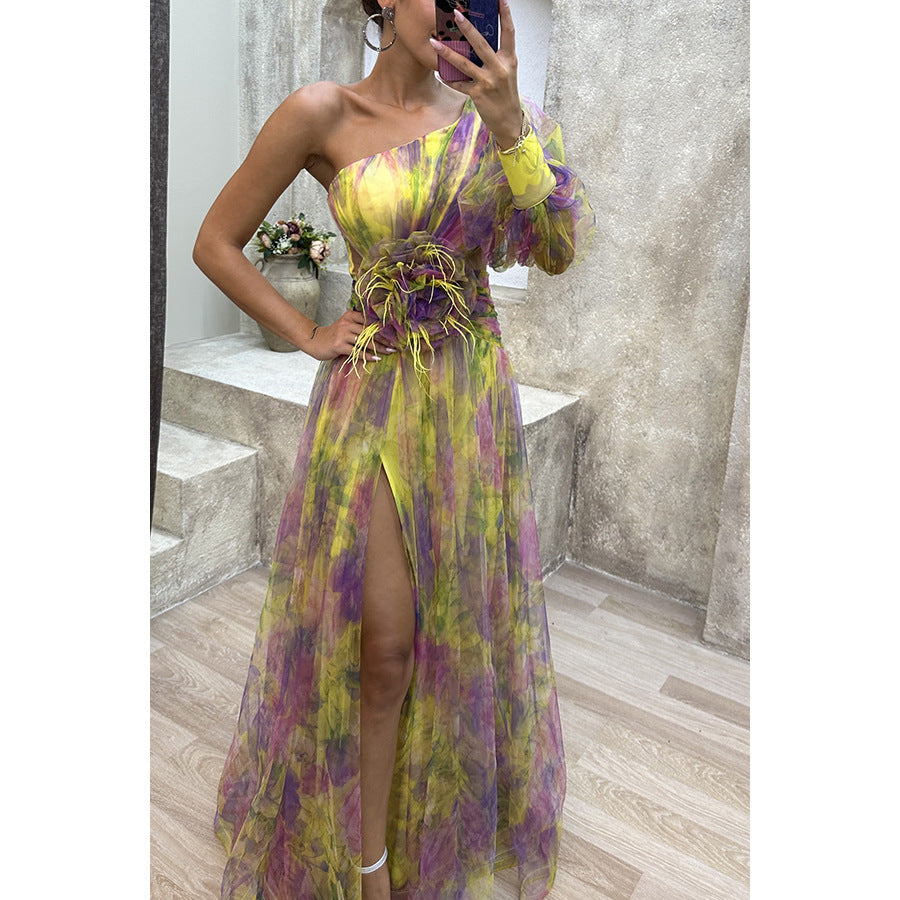 Mesh Tie-Dye Off-Shoulder Slit Dress – Long Sleeve Summer Party Dress for Women