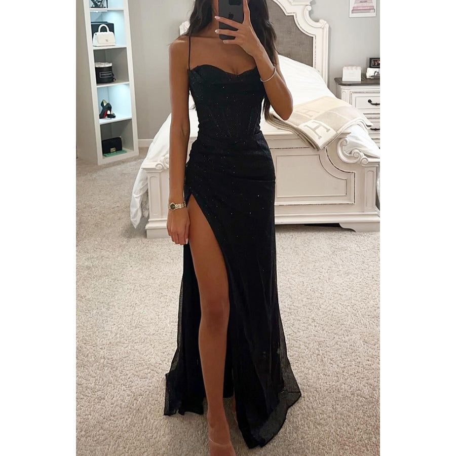 Sexy Split Suspender Dress – V-Neck Slim Long Party Dress for Women