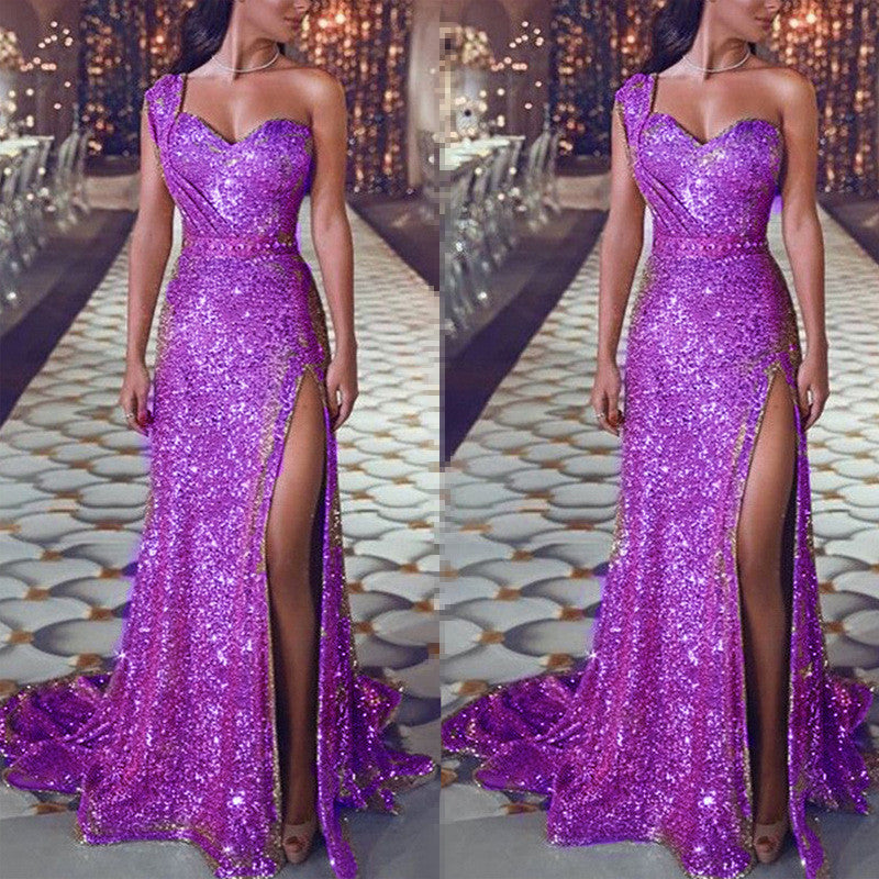 Women’s One-Shoulder Sleeveless Bronzing Split A-Line Long Dress – Urban Chic Temperament Style