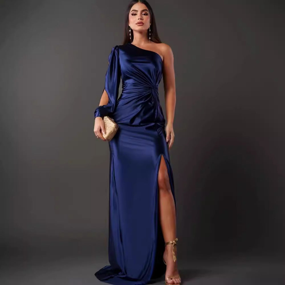 Women's One-Shoulder Long Sleeve Split Dress – Elegant Slim Fit Evening Gown