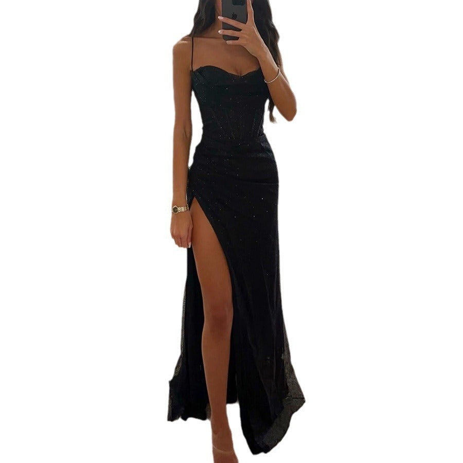 Sexy Split Suspender Dress – V-Neck Slim Long Party Dress for Women