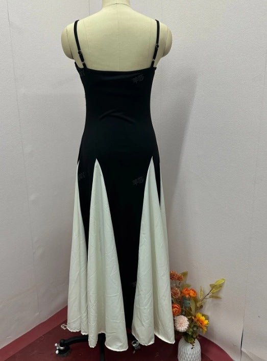 Colour Contrast Slim-Fit Sling Dress – Summer A-Line Long Dress for Women