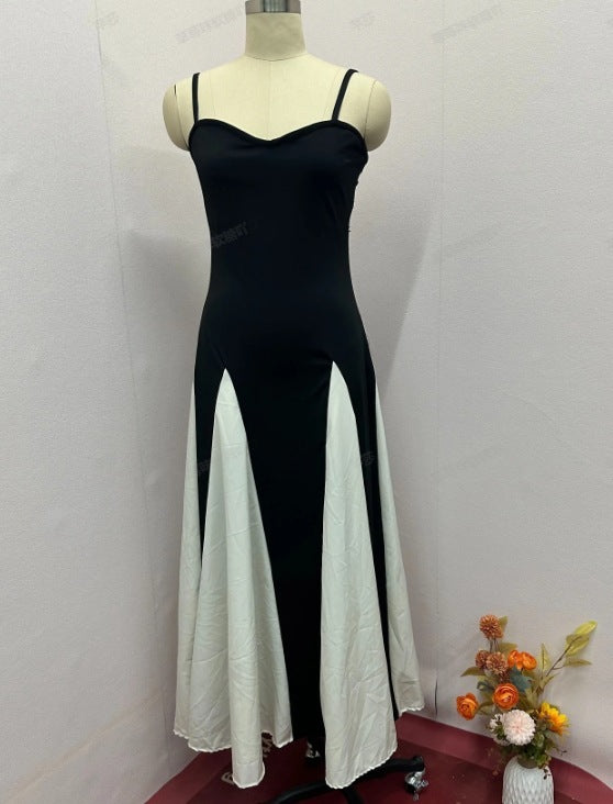 Colour Contrast Slim-Fit Sling Dress – Summer A-Line Long Dress for Women