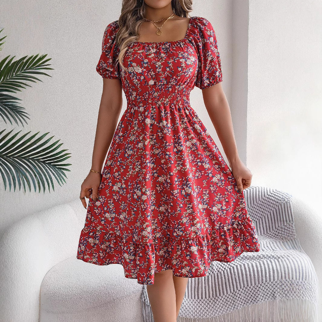 Floral Print Square Collar Dress – Summer Fashion with Ruffles – Women’s High Waist Short Sleeve
