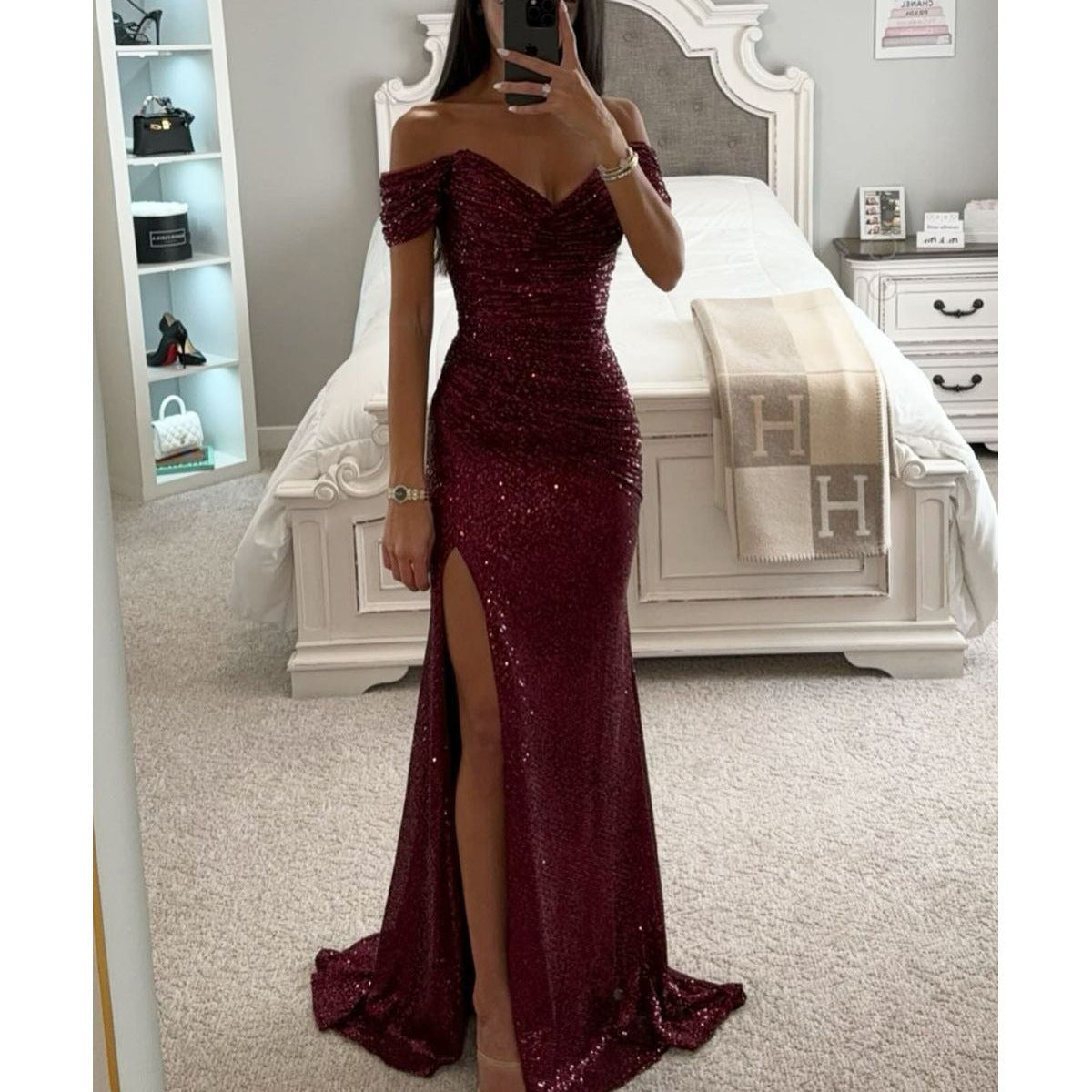 Off-Shoulder Sequin Party Dress – Elegant Split Swing Skirt Evening Gown