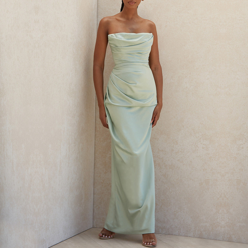 Satin Tube Top Split Dress – Knee-Length Summer Elegance