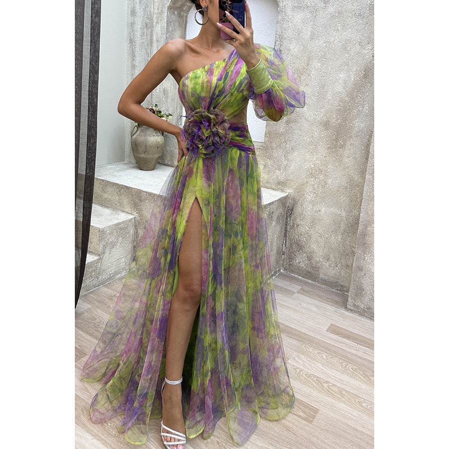Mesh Tie-Dye Off-Shoulder Slit Dress – Long Sleeve Summer Party Dress for Women