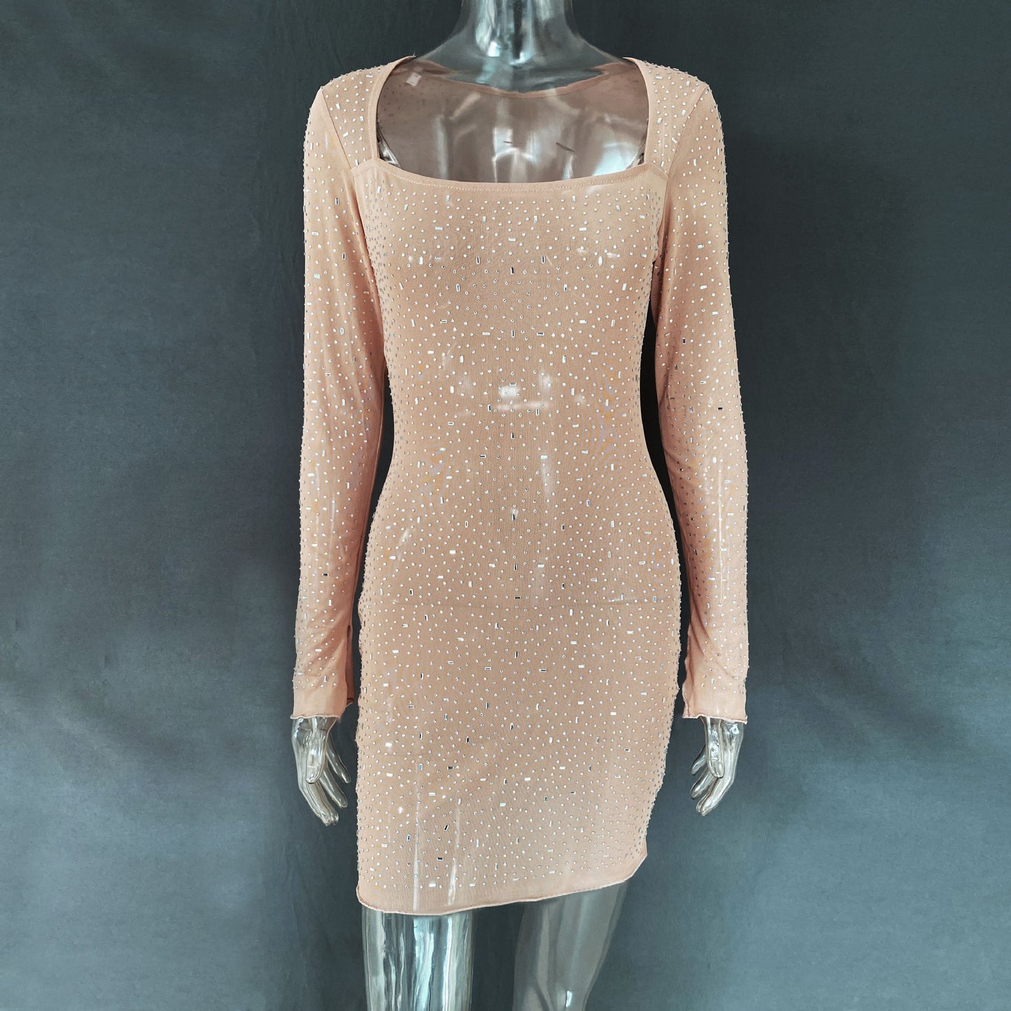 Sequin Micro-Elastic Square Collar Mini Dress – Sleeveless Sparkle Fit