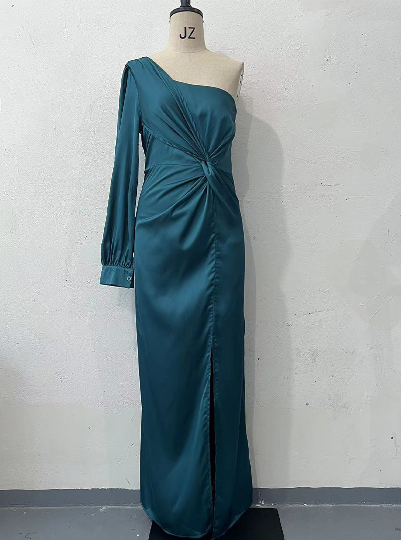 Women's One-Shoulder Long Sleeve Split Dress – Elegant Slim Fit Evening Gown