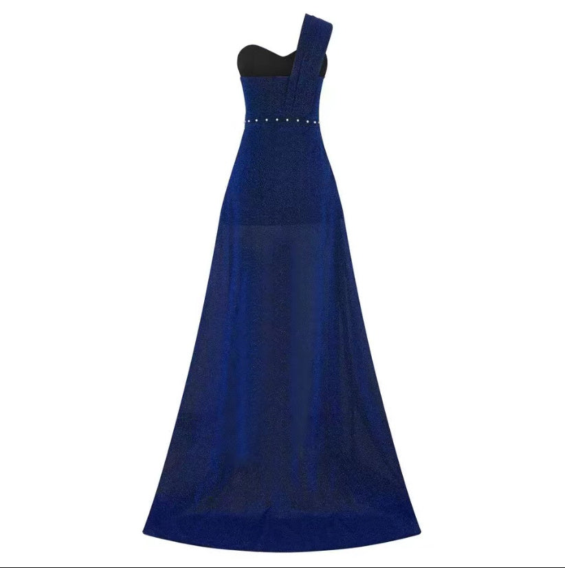 Women’s One-Shoulder Sleeveless Bronzing Split A-Line Long Dress – Urban Chic Temperament Style