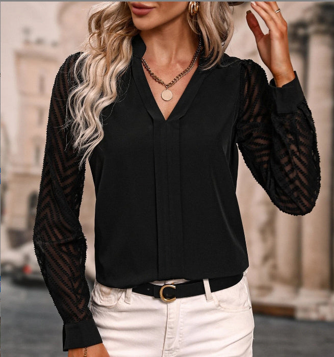 Elegant Lace V-Neck Chiffon Blouse – Long-Sleeved Temperament Top for Women