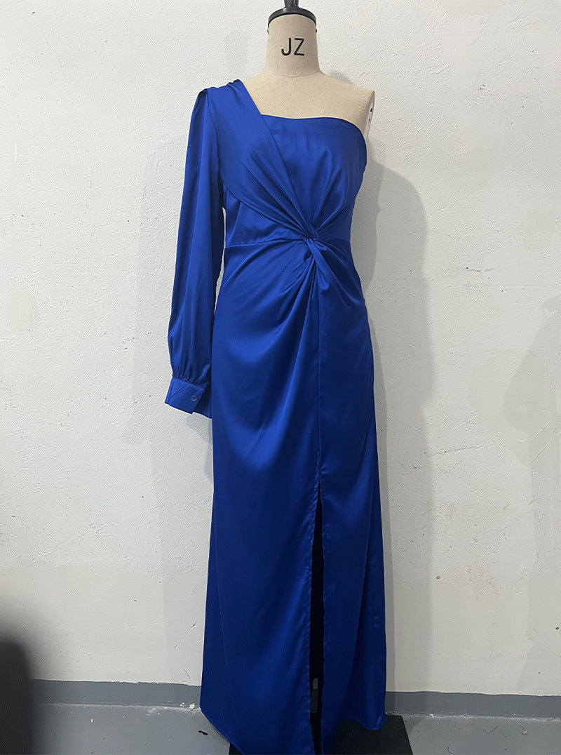 Women's One-Shoulder Long Sleeve Split Dress – Elegant Slim Fit Evening Gown