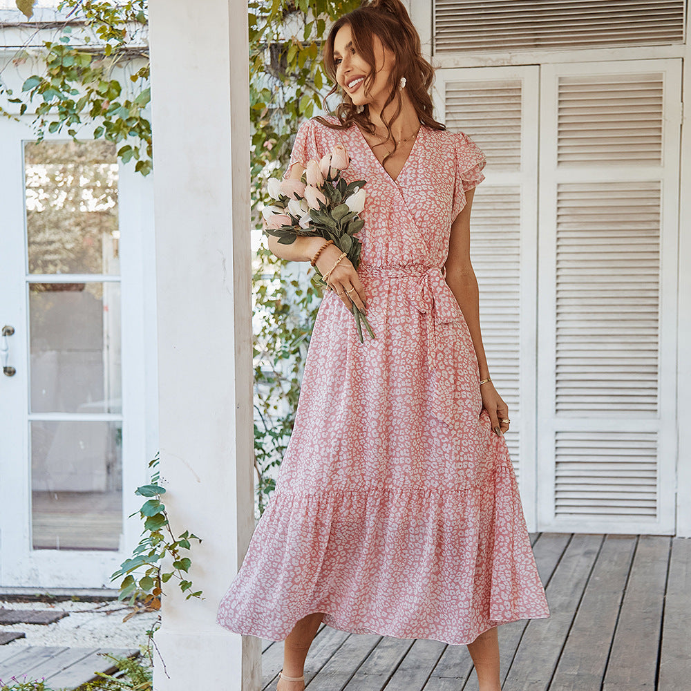 Women’s Summer Ruffle Cap Sleeve V-Neck Belt Wrap Split Floral Long Dress