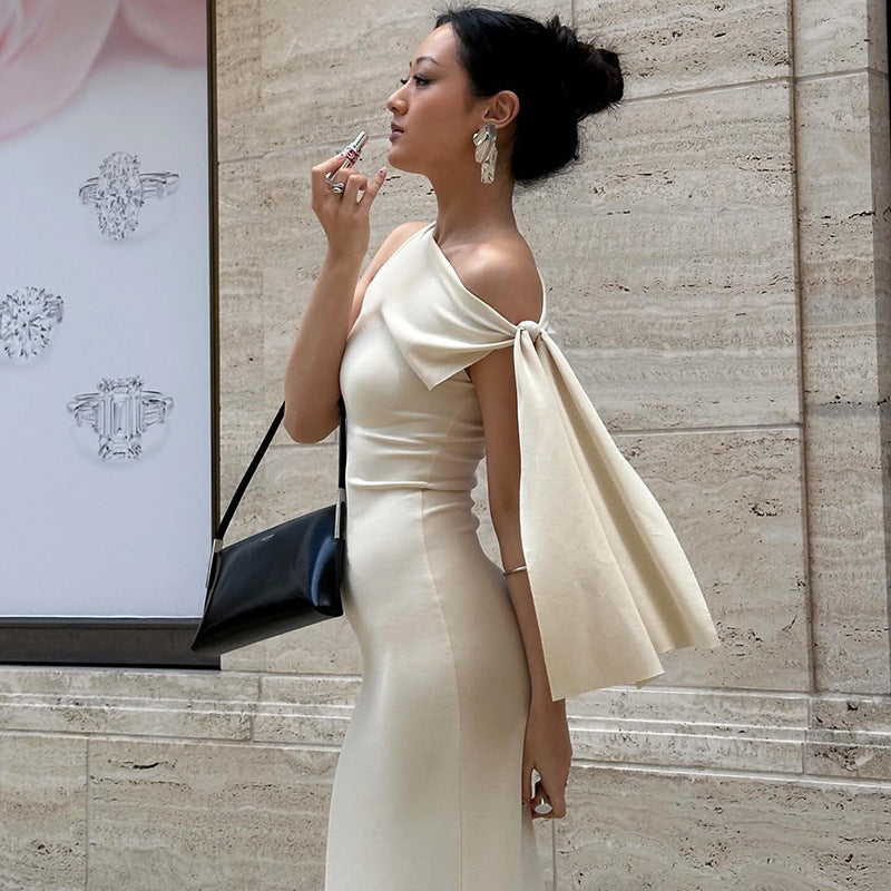 Women's One-Shoulder Ribbon Long Dress – Slim Fit Sleeveless Evening Gown