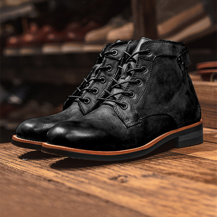Men’s Retro Lace-Up PU Leather Ankle Boots – Low Heel Motorcycle Style