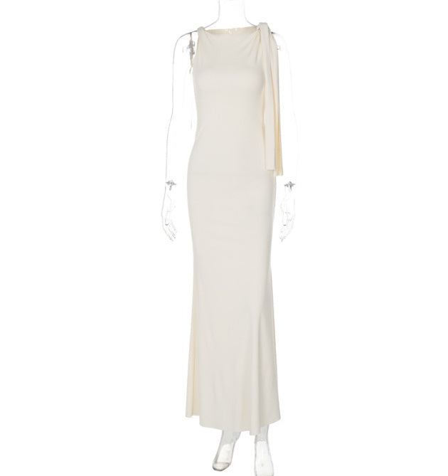 Women's One-Shoulder Ribbon Long Dress – Slim Fit Sleeveless Evening Gown