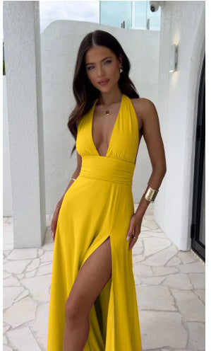 V-neck Slit Dress Summer Backless Strappy Skirt