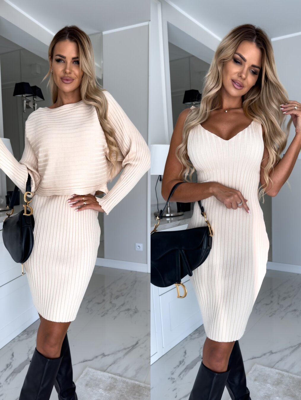 2pcs Women's Long-Sleeve Top & Suspender Skirt Set – Slim Fit Autumn Winter Casual Outfit