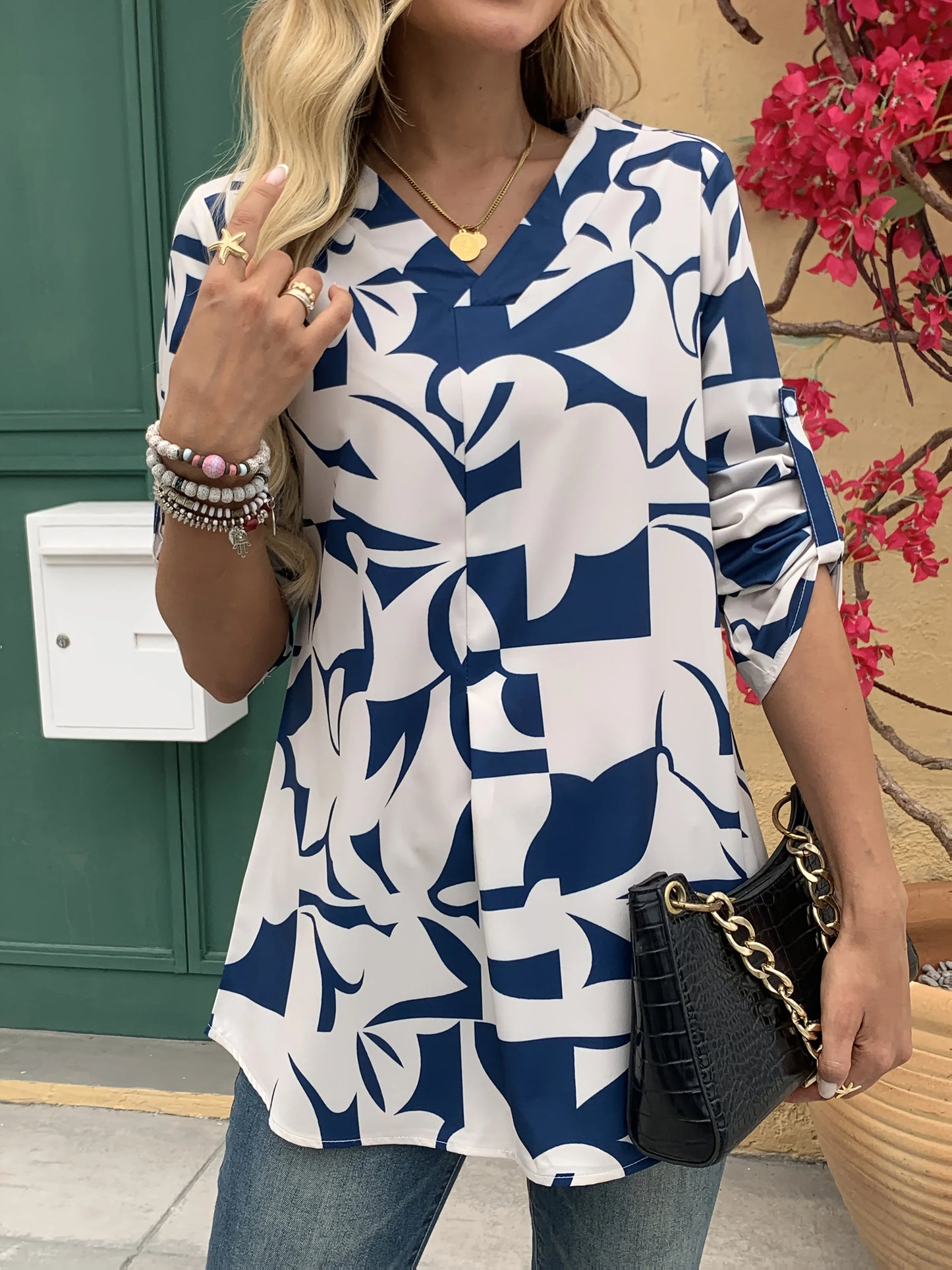 GrabliWorld Women’s Long Sleeve V-Neck Geometric Print Blouse