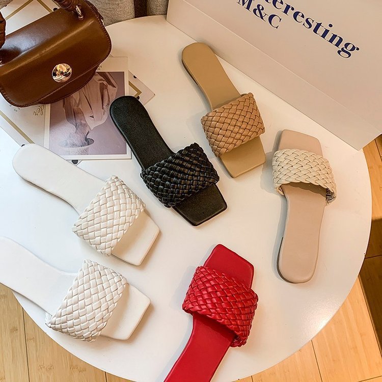 Woven European And American Fine Plaid Square Toe Toe Flat Sandals Women