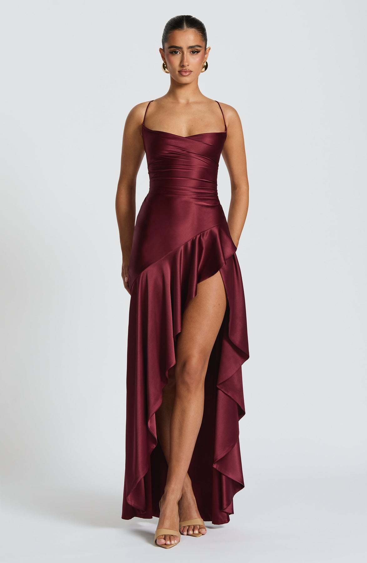Women's Backless Ruffles Irregular Split Suspender Maxi Dress