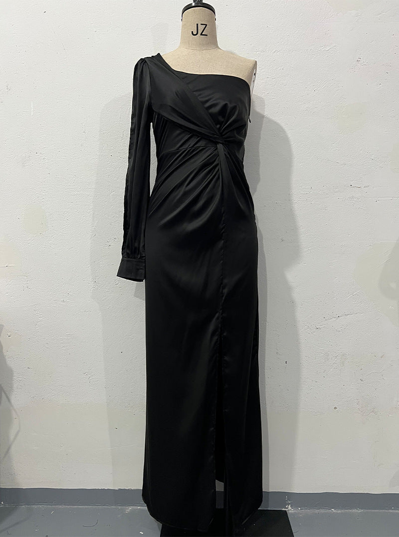 Women's One-Shoulder Long Sleeve Split Dress – Elegant Slim Fit Evening Gown