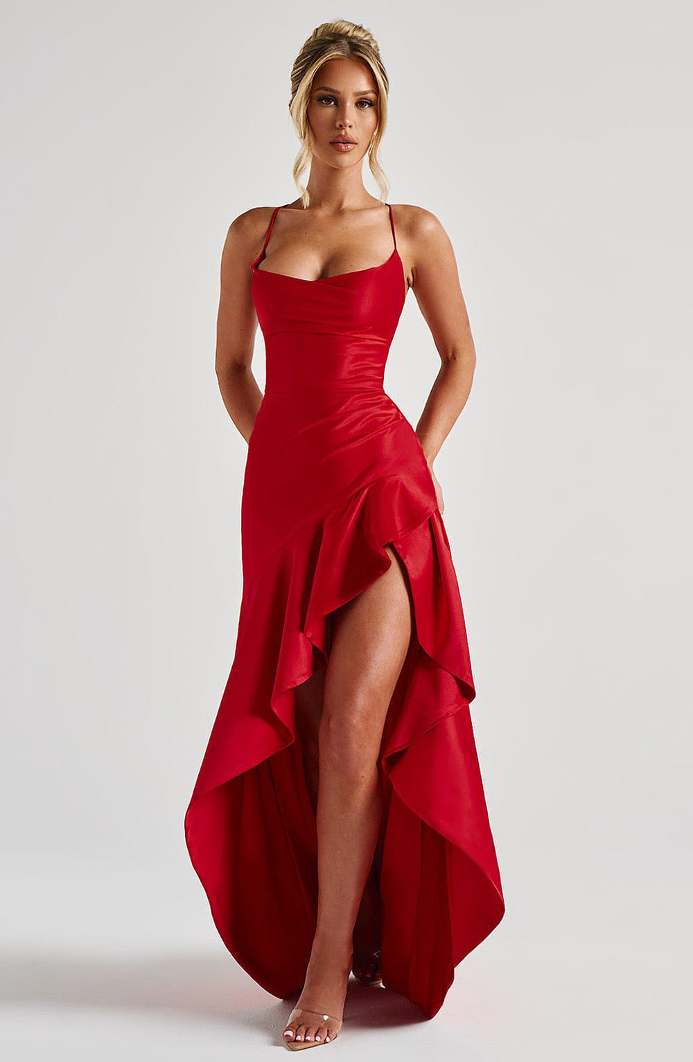 Women's Backless Ruffles Irregular Split Suspender Maxi Dress