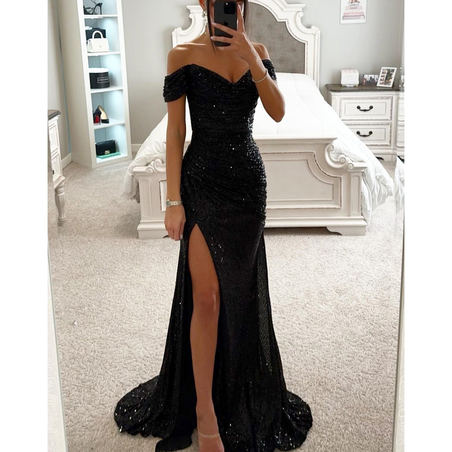 Off-Shoulder Sequin Party Dress – Elegant Split Swing Skirt Evening Gown