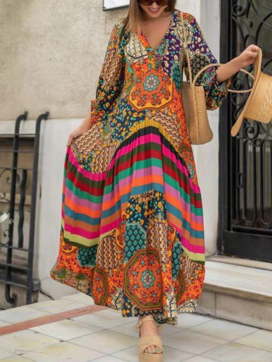 Women's Extra Long Ethnic Style Printed Dress – Flowing Boho Maxi | GrabliWorld