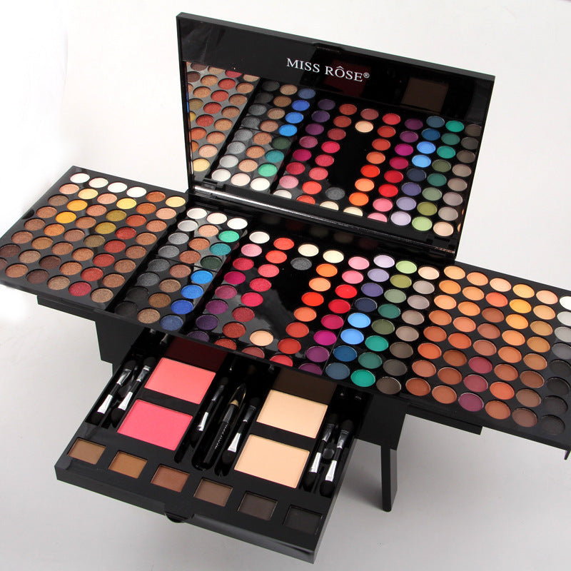 Makeup palette set with various colors and tools on a white background, featuring the brand 'Miss Rose'.