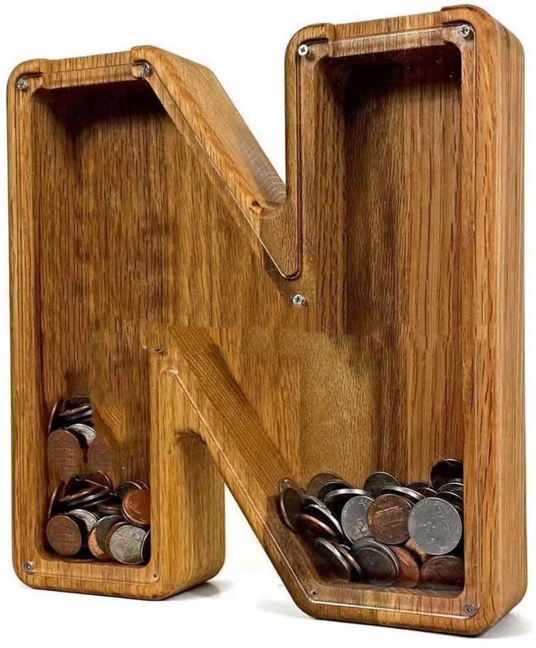 Nordic Wooden Letter Piggy Bank – Handmade Alphabet Coin Box (A–Z)