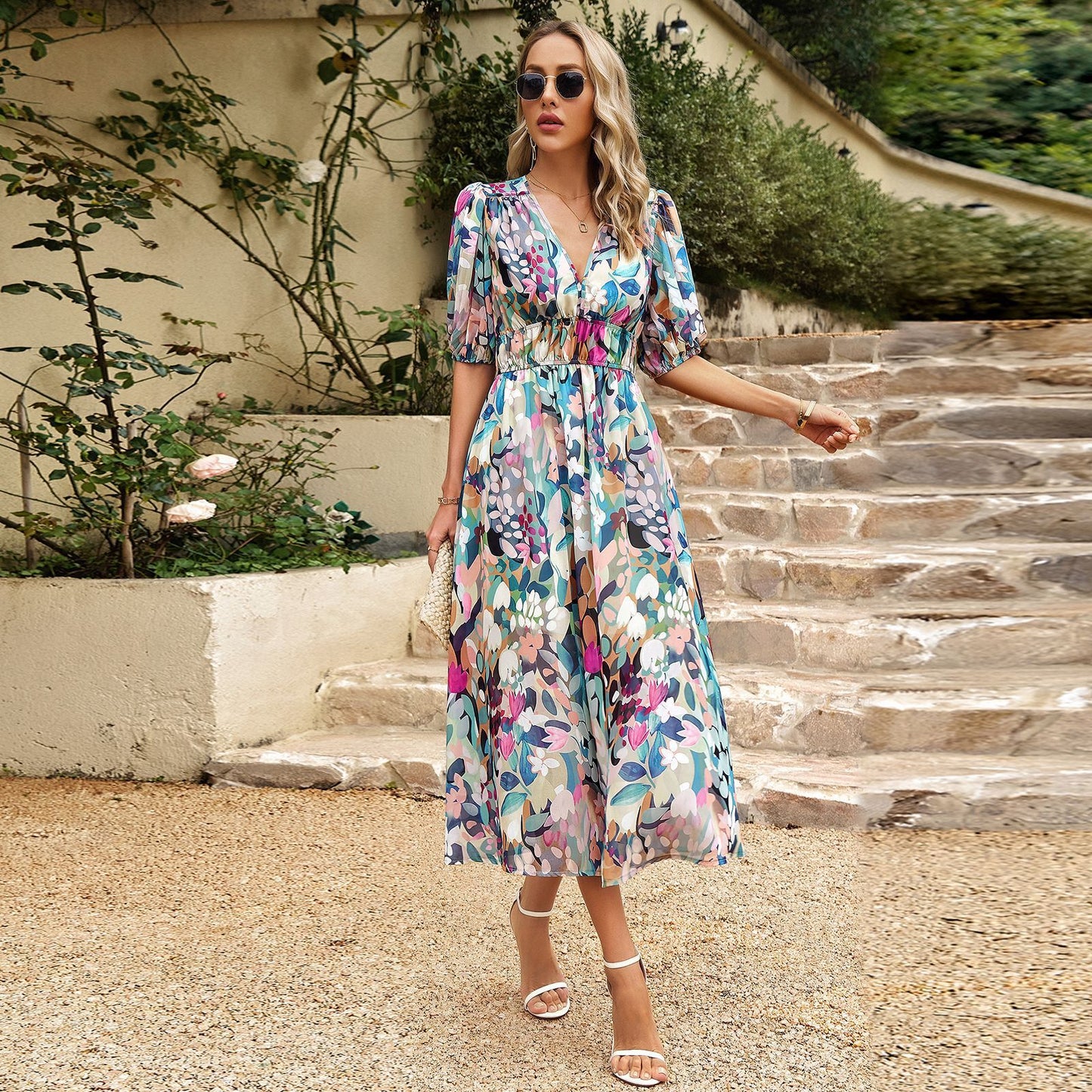 V-neck Printed Short-sleeved Long Dress , Slim , Seaside Vacation Beach Dress