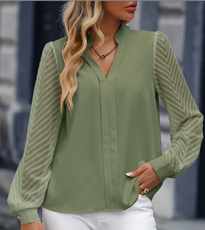 Elegant Lace V-Neck Chiffon Blouse – Long-Sleeved Temperament Top for Women