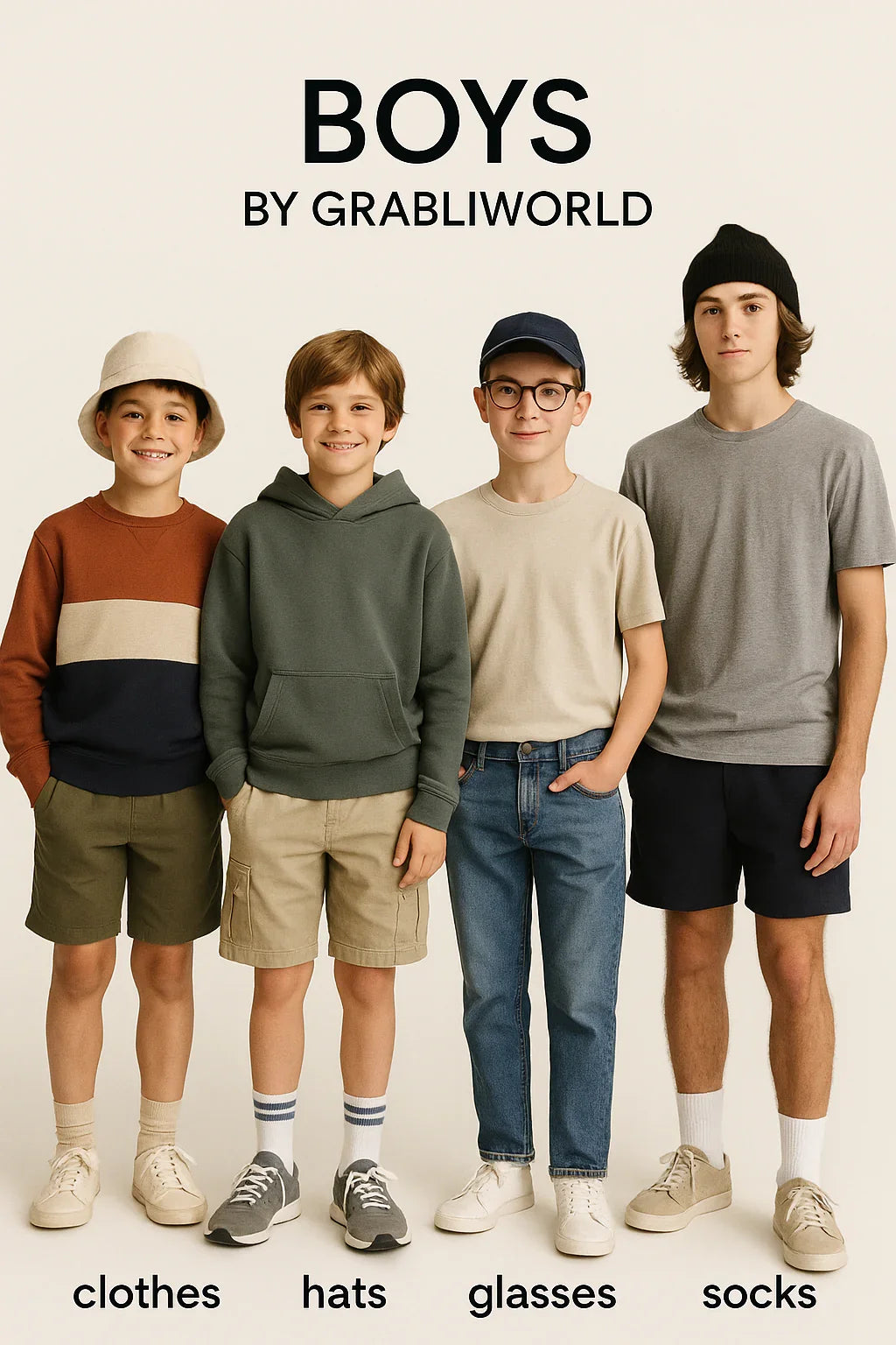 “Stylish and comfortable boys’ clothing and accessories by GrabliWorld for ages 8 to 17, including casual wear, hats, sunglasses, and socks designed for active teens and preteens.”